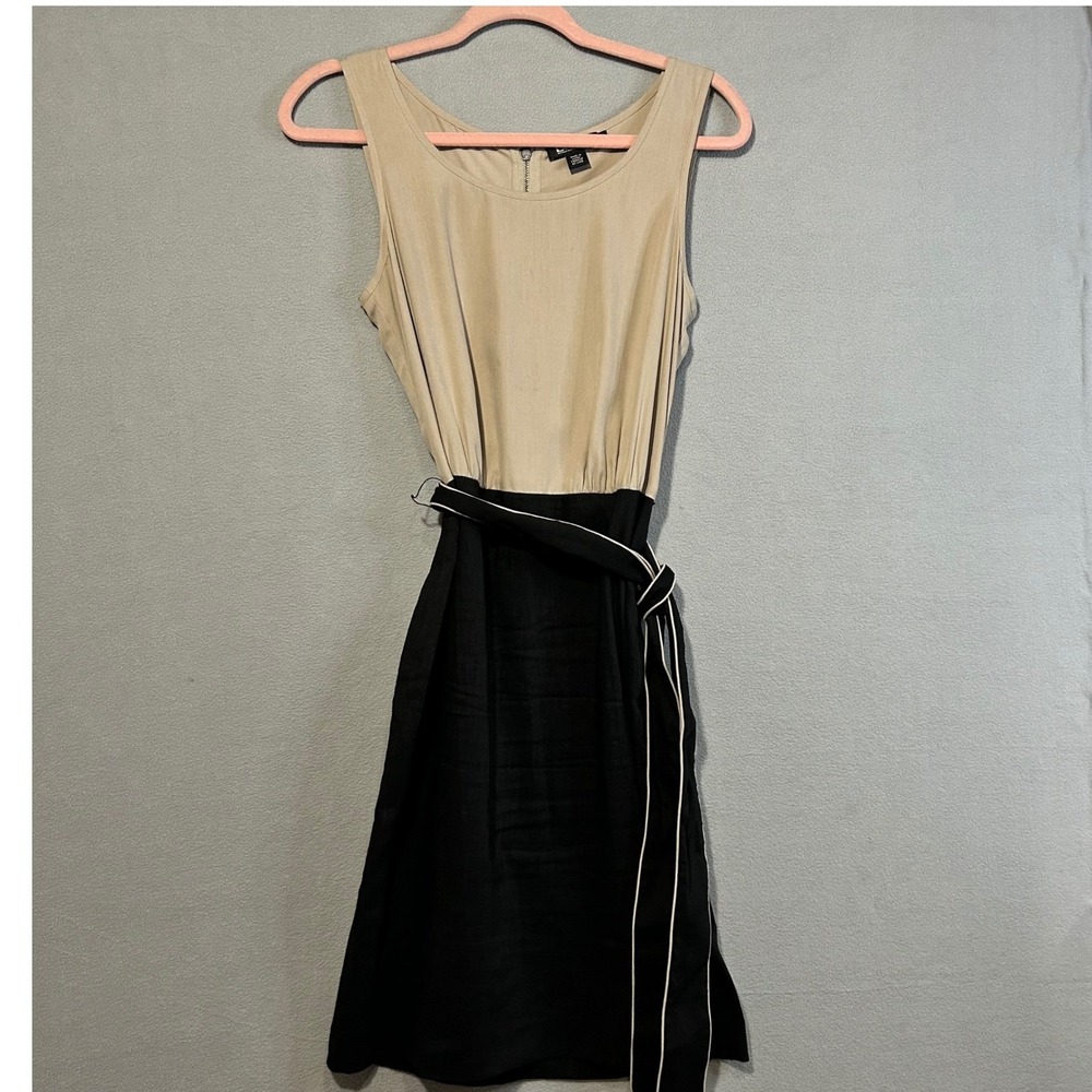 DKNY Dress Womens 4 Beige‎ Black Sleeveless Belted Silk Linen Wool quite luxury